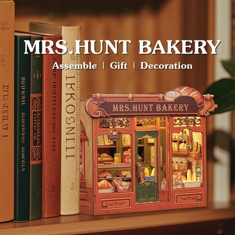 image displaying the Mrs. Hunt’s Bakery Shop DIY Dollhouse Kit in bookshelf setting