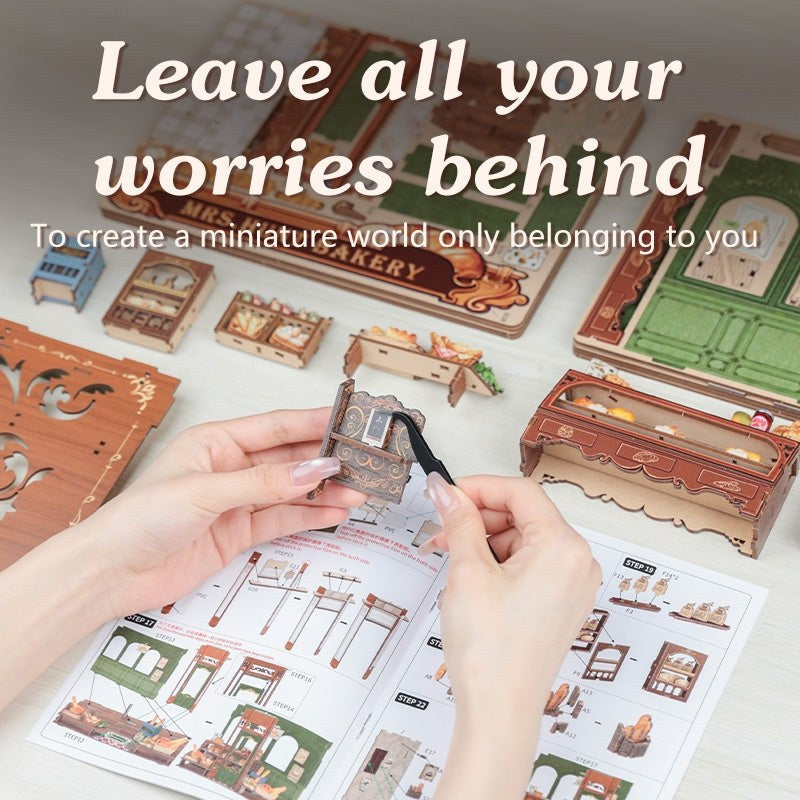image displaying the puzzles of Mrs. Hunt’s Bakery Shop DIY Dollhouse Kit are putting together