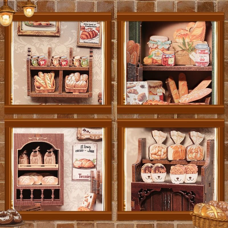 image displaying the miniature details in Mrs. Hunt’s Bakery Shop DIY Dollhouse Kit