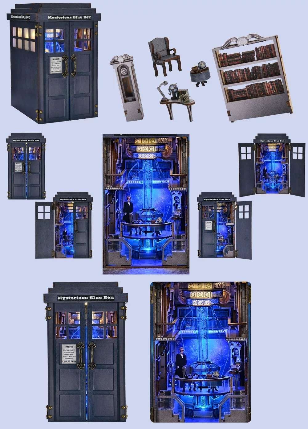 Collage of a Blue Police Box model kit with various pieces on a light blue background