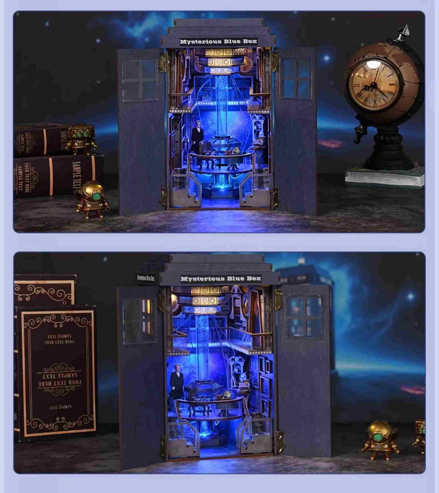 Miniature Model of a Blue Box with interior lights on in a fantasy setting