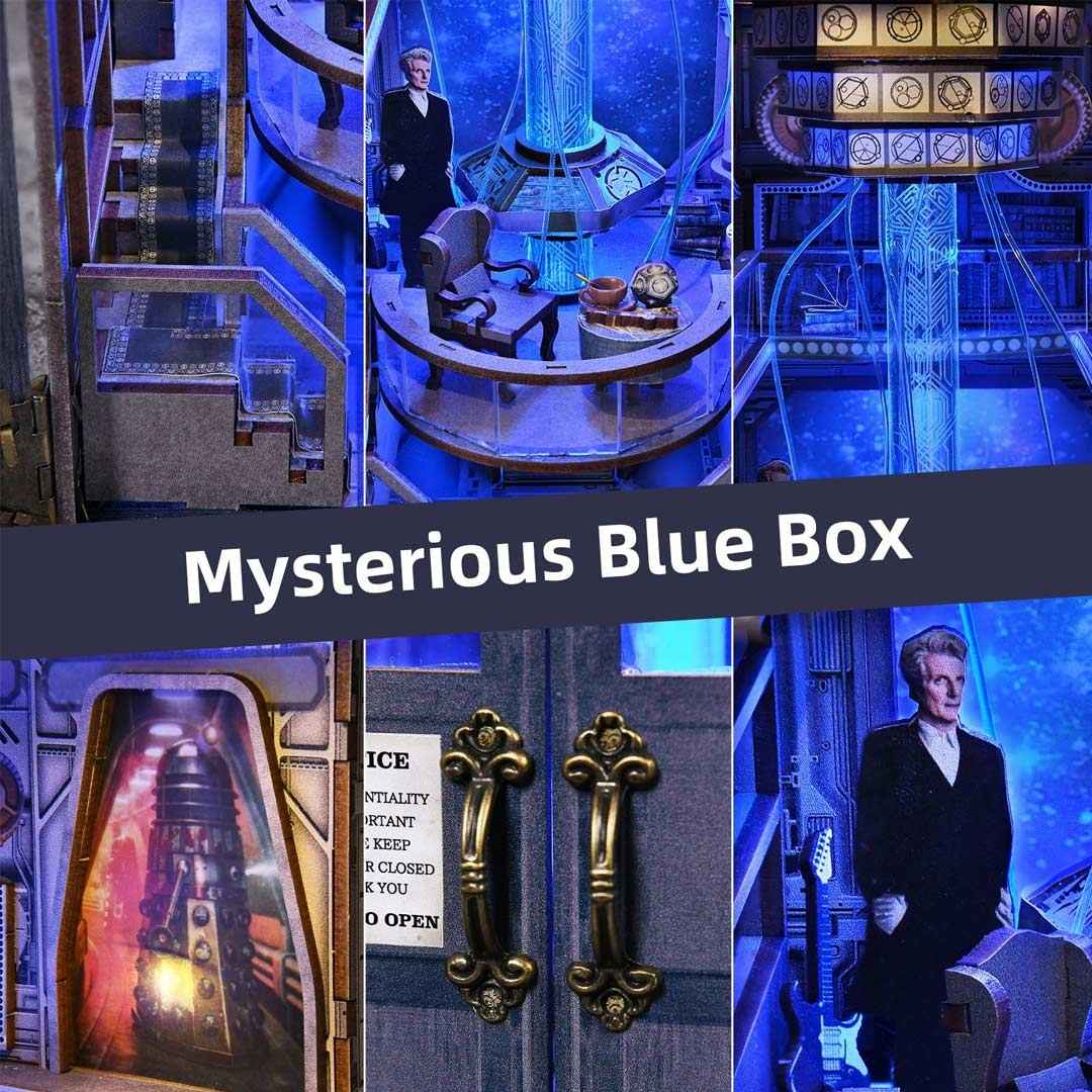 Collage of futuristic miniature scenes in Blue Box Book Nook, a door with gold handles, and a character in a suit.