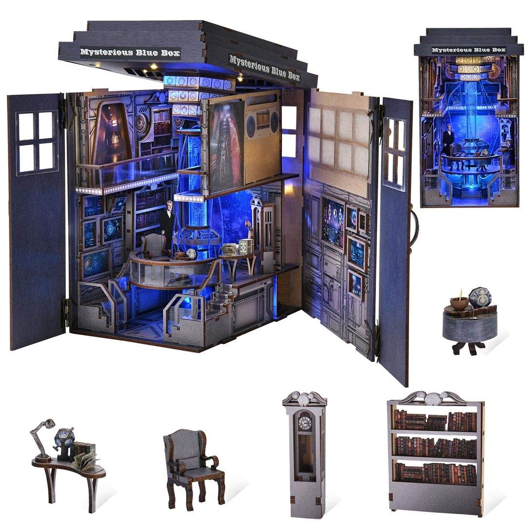 Mysterious Blue Box miniature model with detailed interior and accessories on a white background