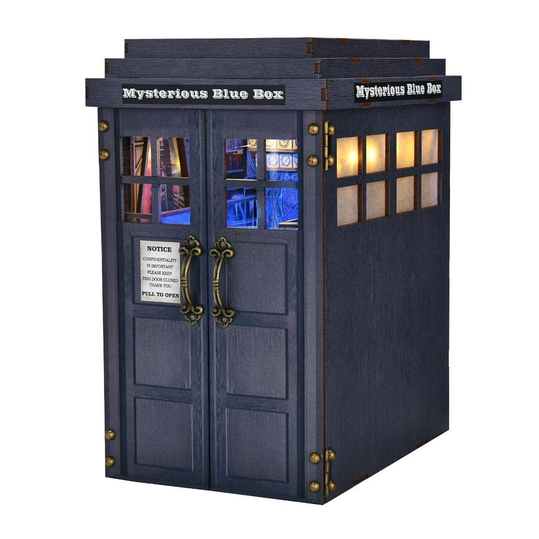 Mysterious Blue Police Box with glowing interior on a white background