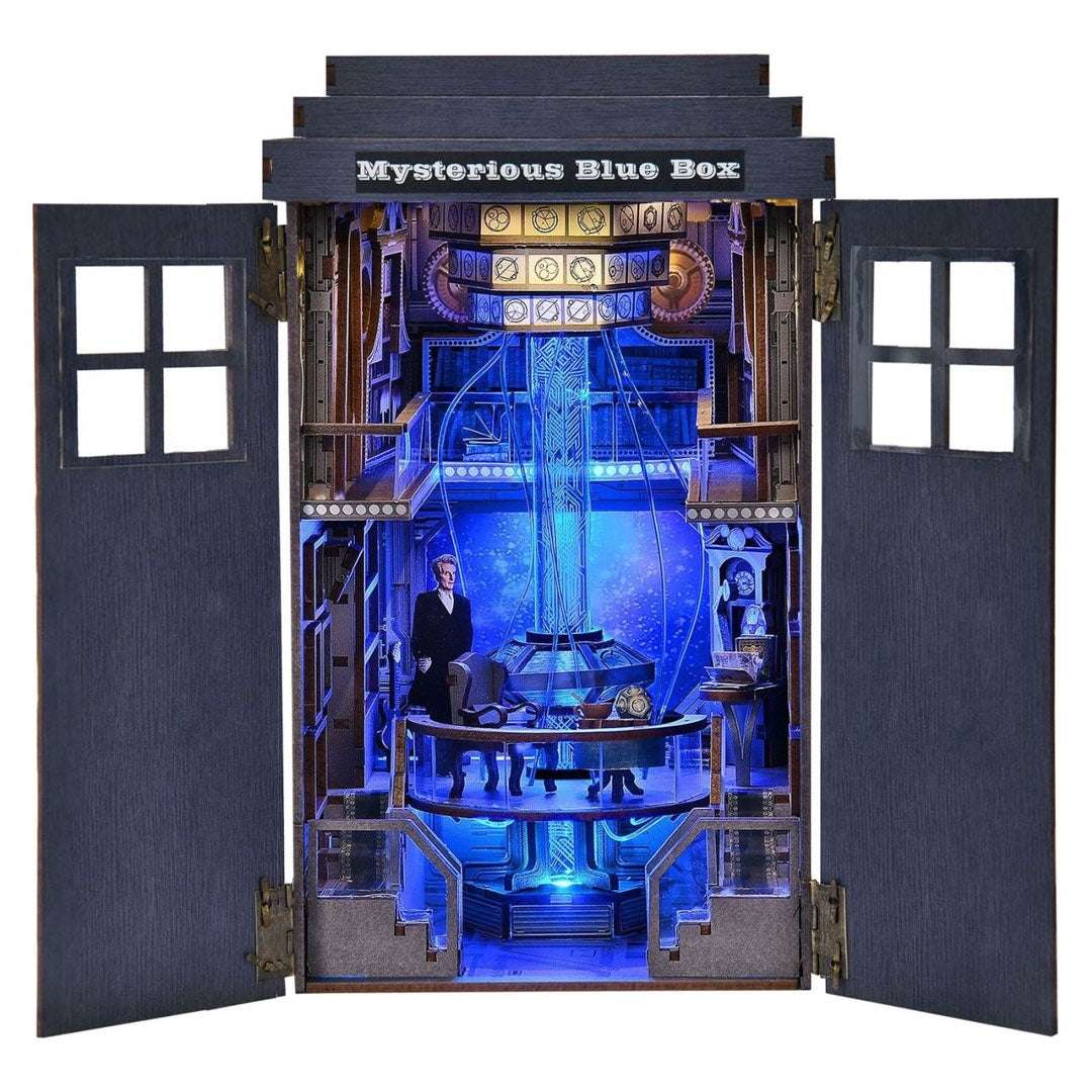 Mysterious Blue Box with open doors revealing a detailed interior with lights and figures.
