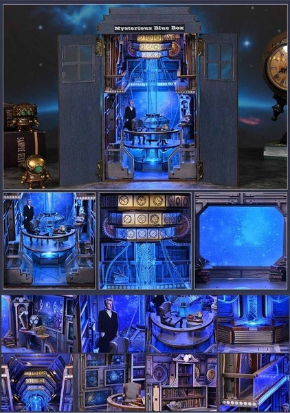 Collage of a detailed miniature model of a Blue Box with various views and lighting effects.