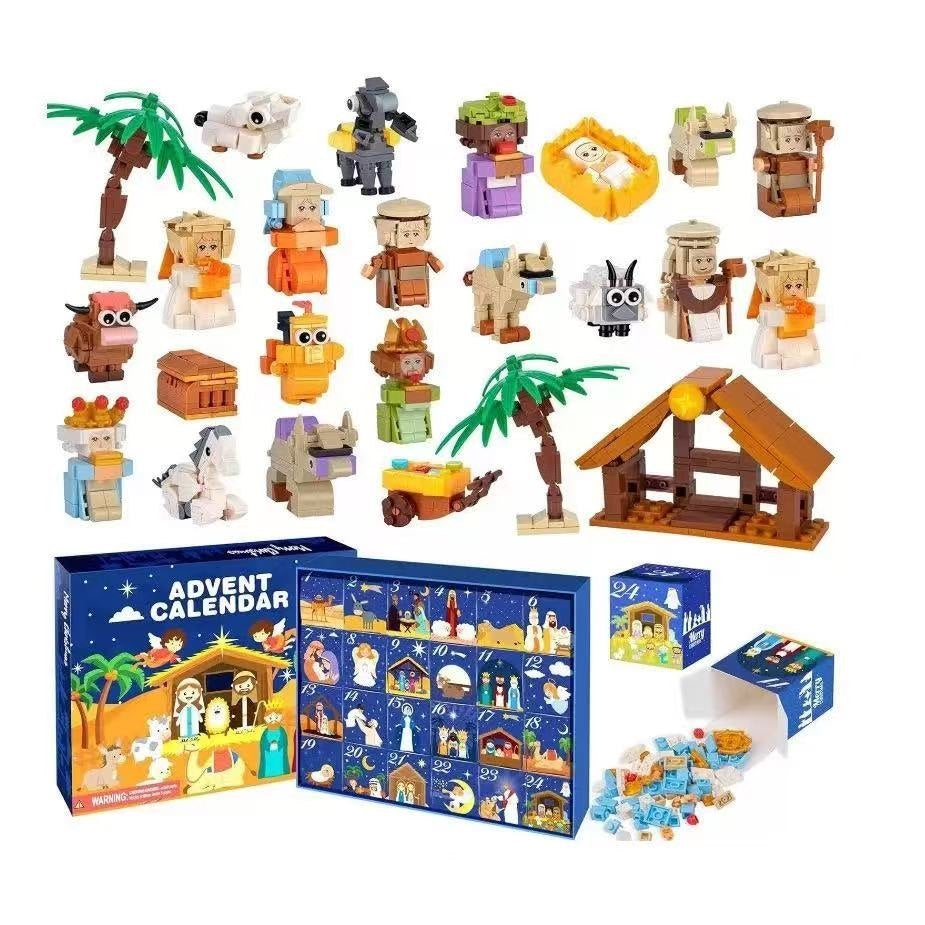 Christmas nativity scene building block set with advent calendar and figures on a white background