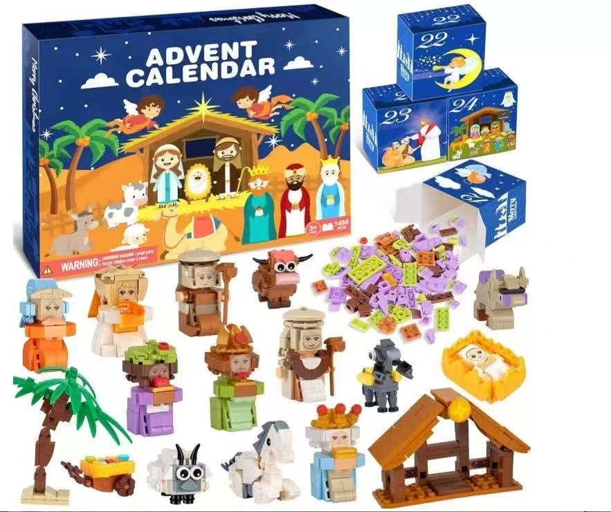 Advent calendar with Nativity scene building blocks and open doors revealing figures.