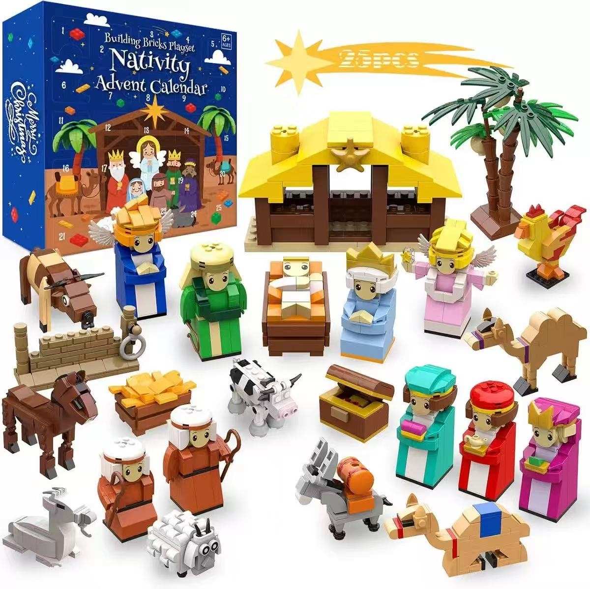 Nativity scene building brick set with figures and Nativity calendar packaging.