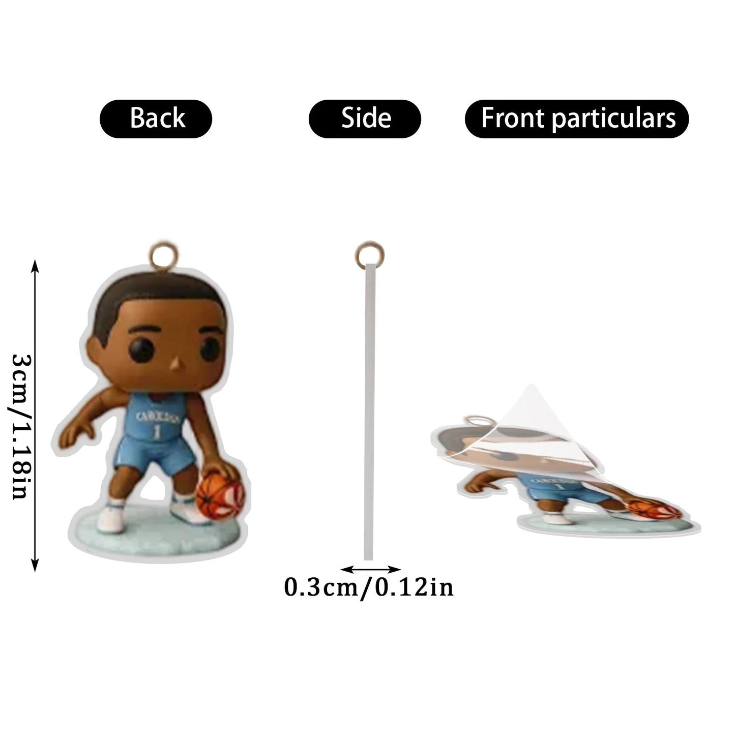 Basketball figurine with measurements on a white background