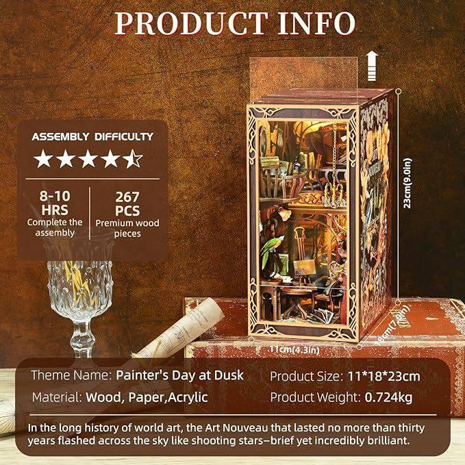 Painter's Day at Dusk DIY Book Nook Kit , A charming miniature 3d wooden puzzles inspired Art Nouveau, perfect for bookshelf decor, and dollhouse collectors, or a gift for art lovers and DIY enthusiasts, product information