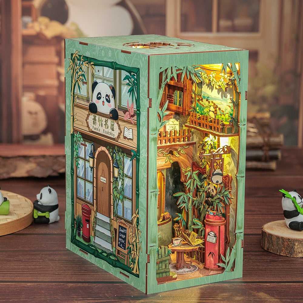 left side view of a finished Panda Book Shop DIY book nook kit