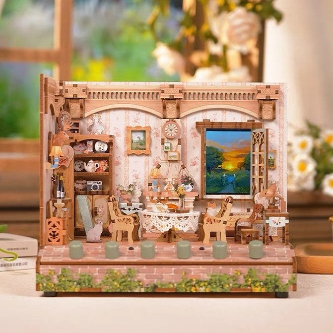 Pastoral Time DIY Wooden Miniature House Kit Dollhouse 3D Puzzles White Sounds