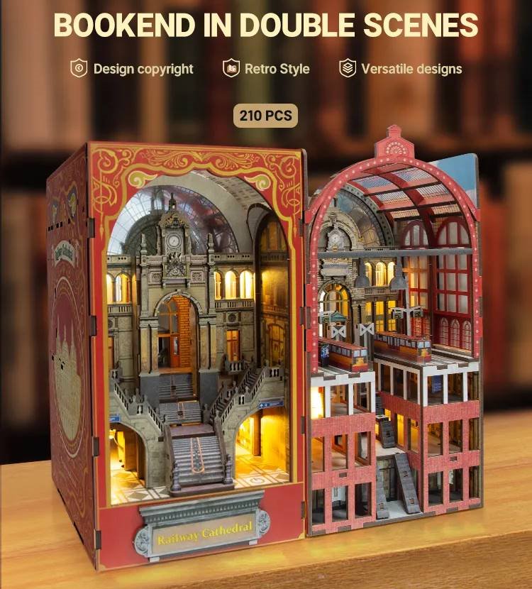 Railway Cathedral | DIY Book Nook Kit | Bookend in Double Scenes | 3d wooden puzzles | bookshelf diorama | miniature house
