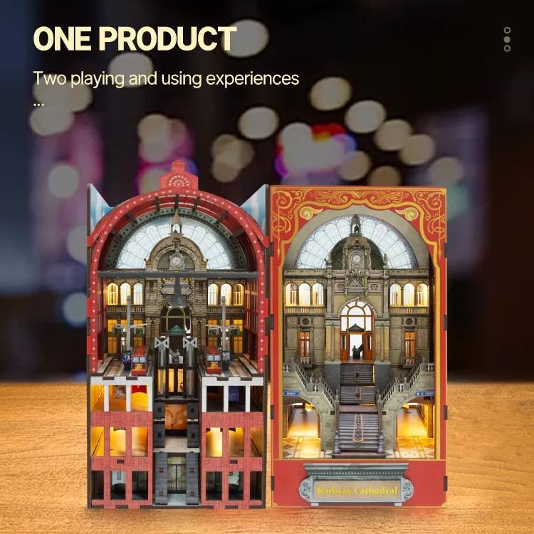 Railway Cathedral | DIY Book Nook Kit | Bookend in Double Scenes | 3d wooden puzzles | bookshelf diorama | miniature house