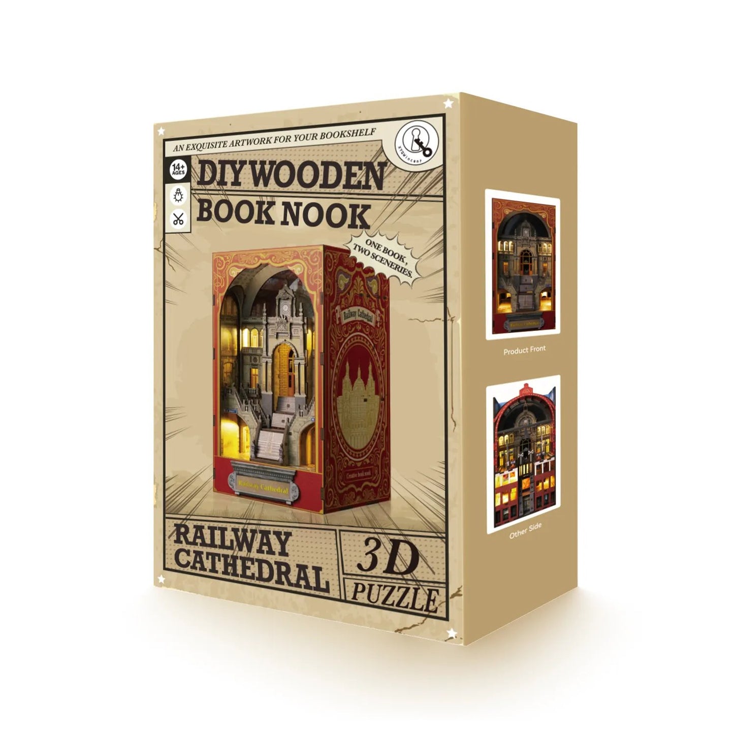 Railway Cathedral | DIY Book Nook Kit | Bookend in Double Scenes | 3d wooden puzzles | bookshelf diorama | miniature house