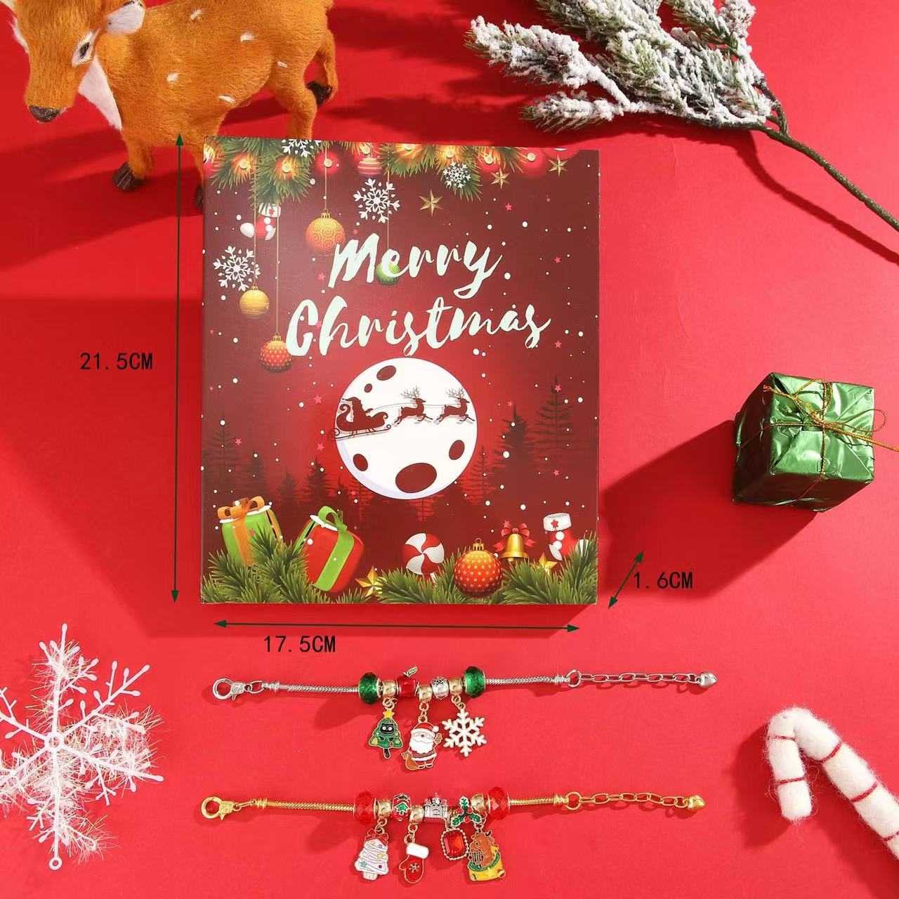 image displaying the size of package, and two finished bracelets of Red Christmas Advent Calendar DIY Jewelry Set 24 days countdown