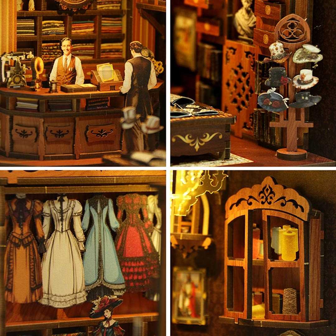 image displaying four miniature scenes of assembled Royal Tailor Shop DIY Book Nook Kit in a table setting