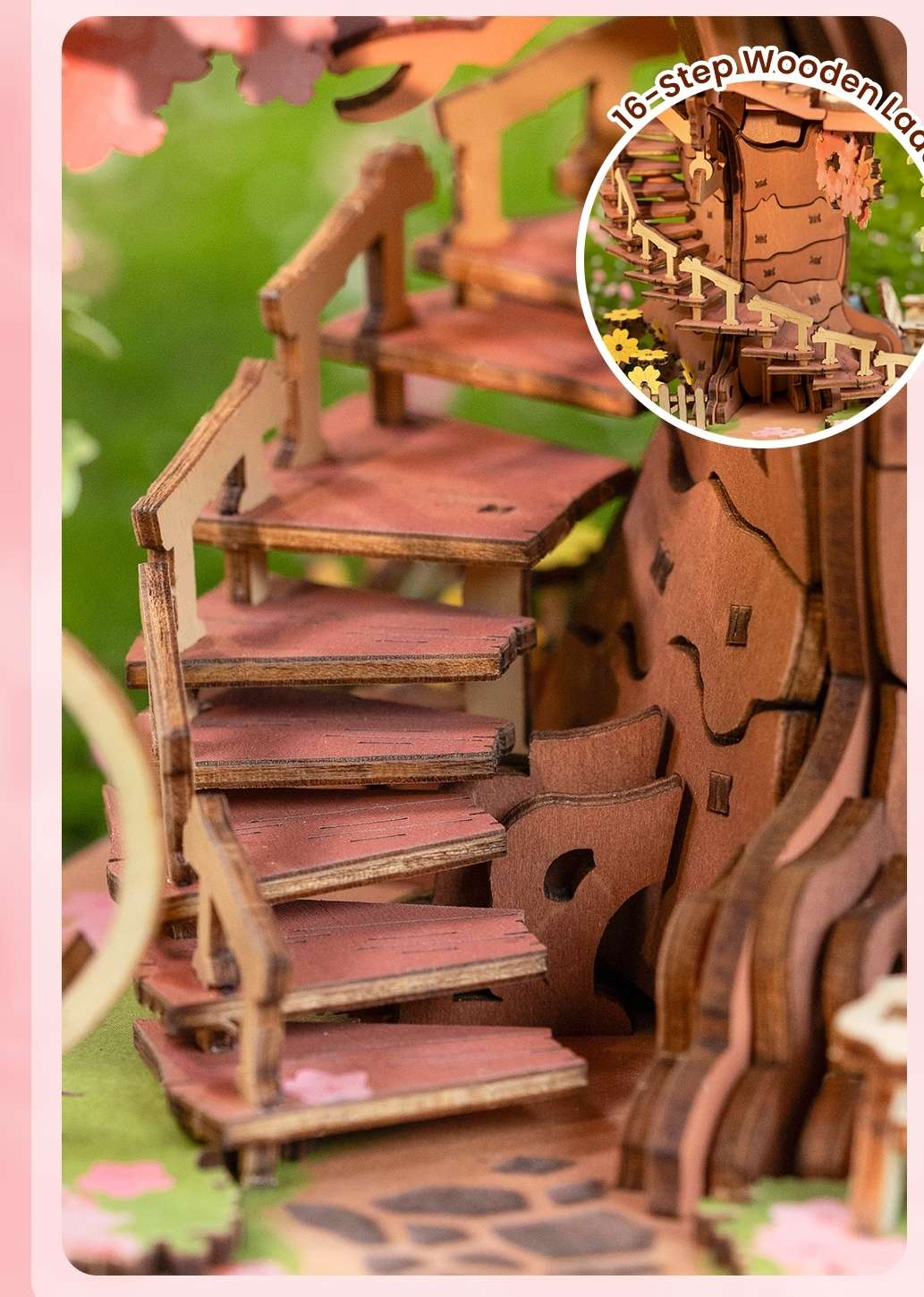 Wooden puzzle with a spiral staircase and detailed design of Sakura Tree House 3D Wooden Puzzle