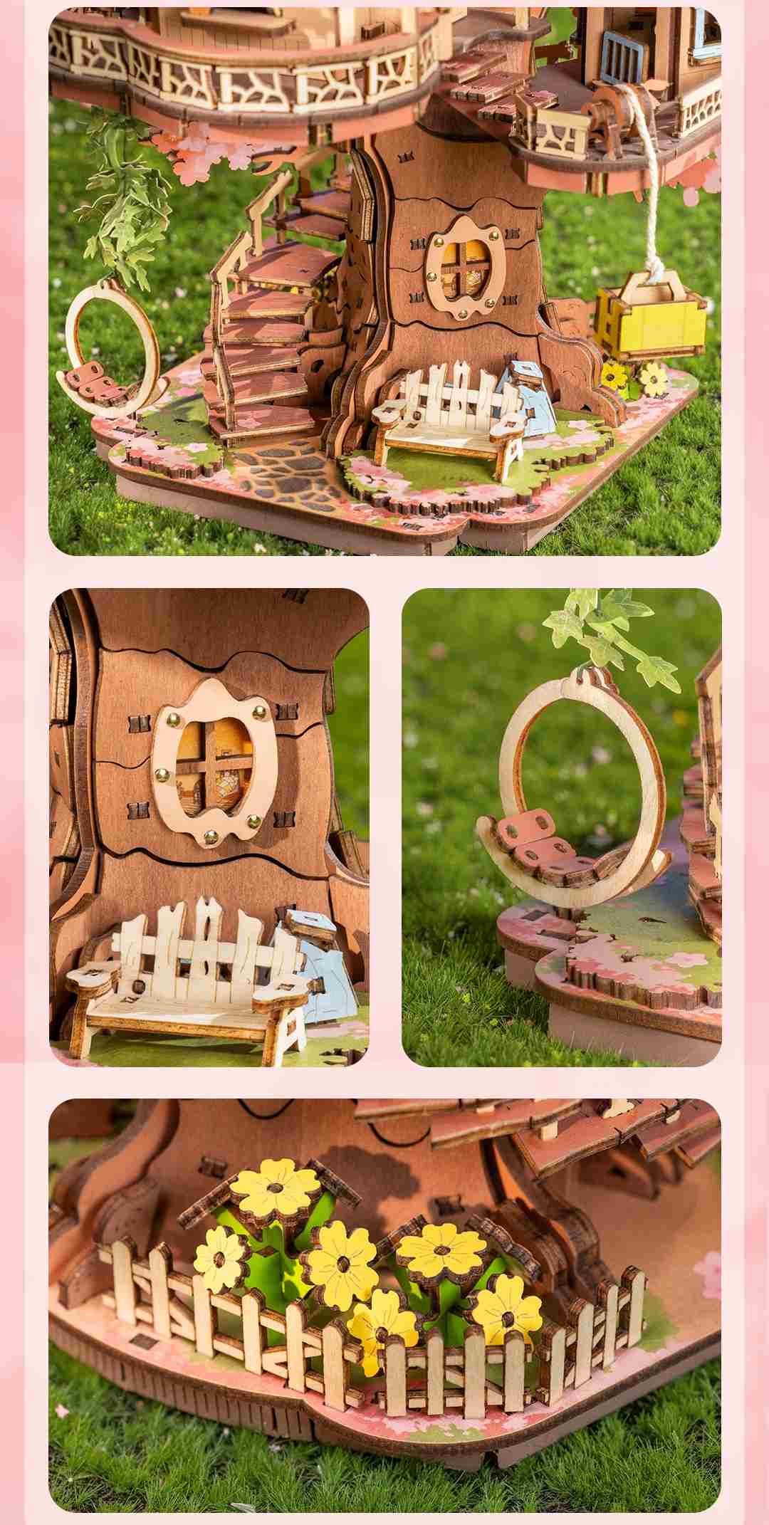 Wooden fairy tree house with detailed features