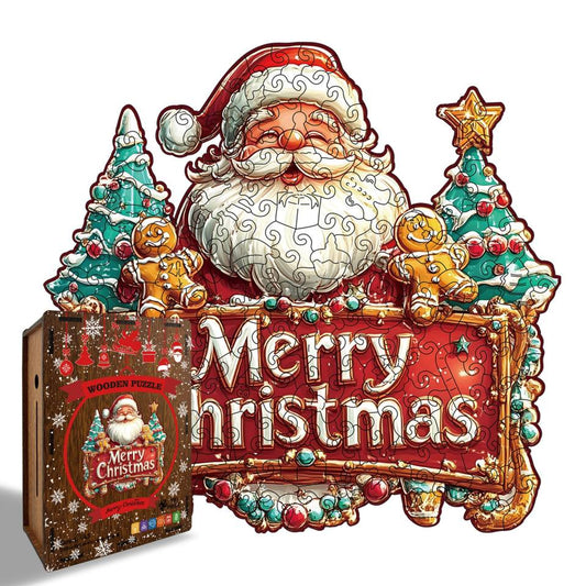 Santa Merry Christmas Banner Wooden Jigsaw Puzzle