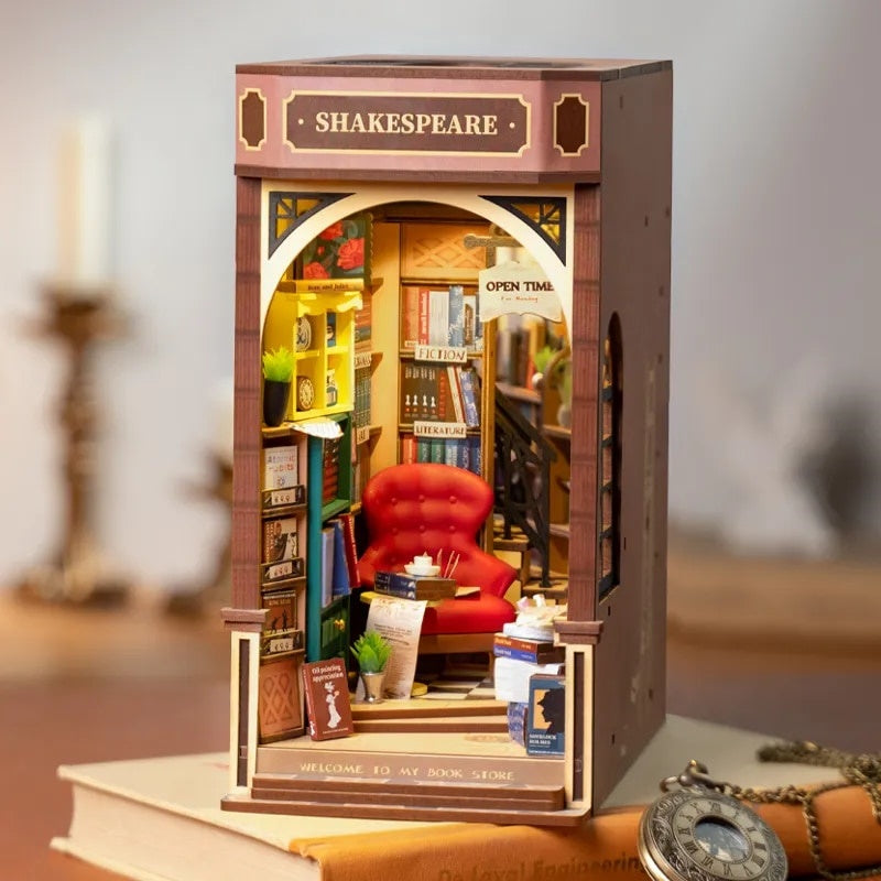 Shakespeare Bookstore DIY Book Nook Kit - 3D Wooden Book End - Bookshelf Insert Diorama - Miniature Crafts