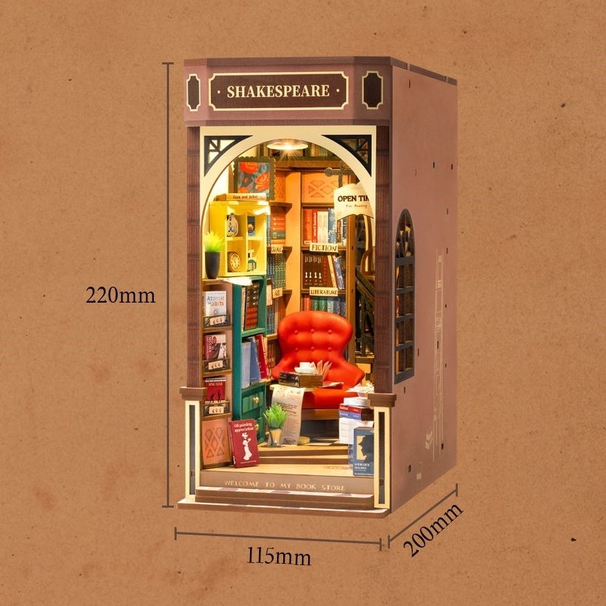 Shakespeare Bookstore DIY Book Nook Kit - 3D Wooden Book End - Bookshelf Insert Diorama - Miniature Crafts