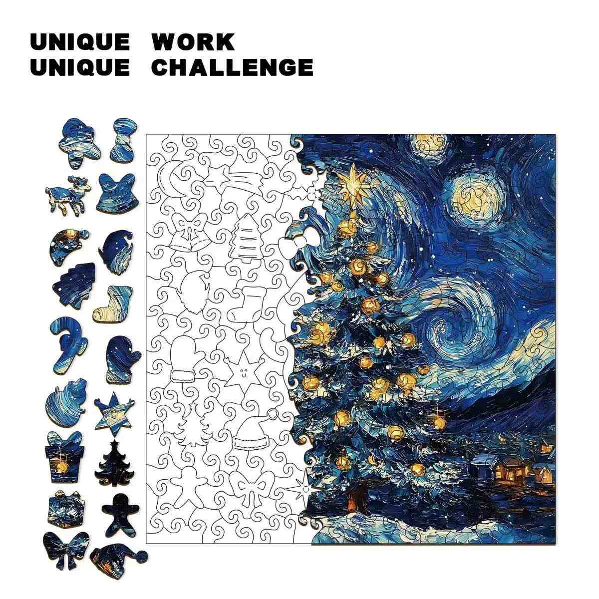 Jigsaw puzzle with Christmas tree design and decorative elements on a white background.