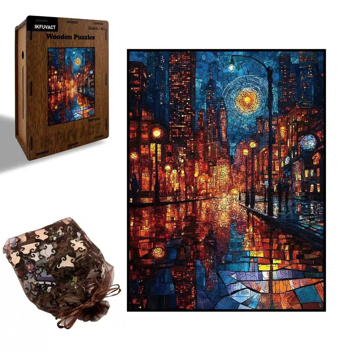 Starry Night Cityscape Wooden Jigsaw Puzzle - Stained Glass Art Unique Pieces