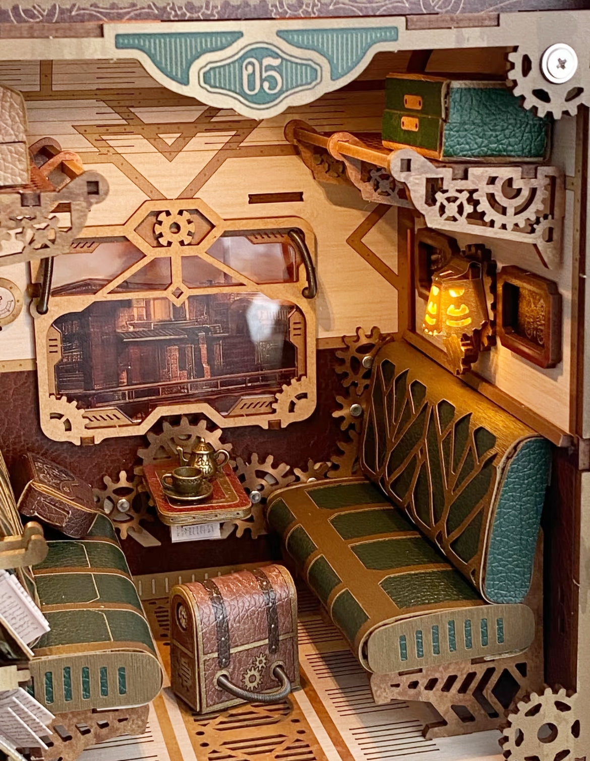 close-up of Steampunk Fantasy Infinite Train Cabin DIY Book Nook Kit