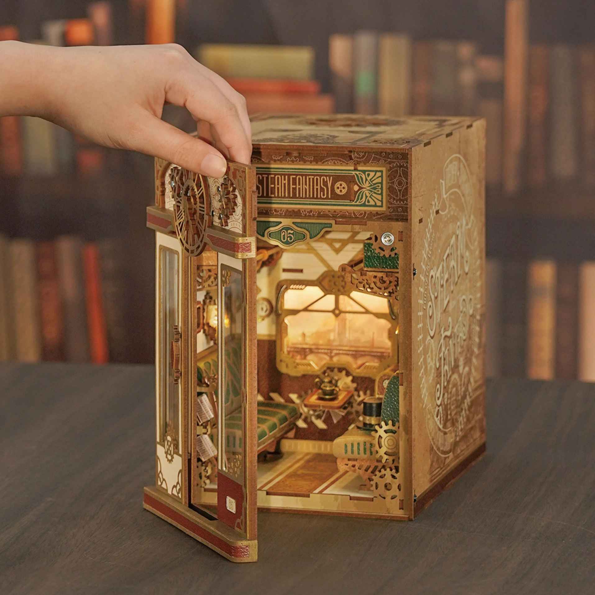 image displaying the door of Steampunk Fantasy Infinite Train Cabin DIY Book Nook Kit is open