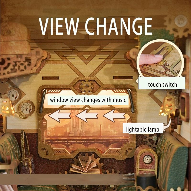 image displaying interactive features of Steampunk Fantasy Infinite Train Cabin DIY Book Nook Kit, including the motion train scene, touch switch and lightable lamp