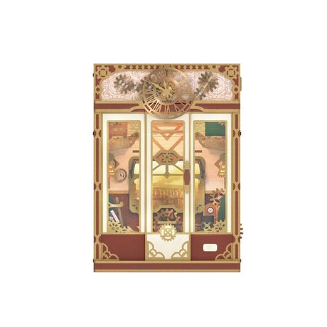 image displaying a front view of Steampunk Fantasy Infinite Train Cabin DIY Book Nook Kit in white background