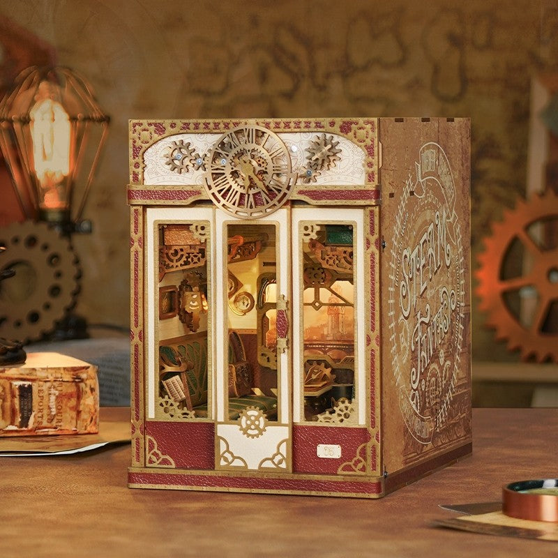 image displaying a 45 degree of Steampunk Fantasy Infinite Train Cabin DIY Book Nook Kit in a vintage table setting