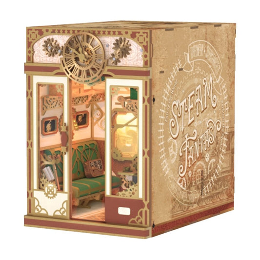 image displaying a 45 degree of Steampunk Fantasy Infinite Train Cabin DIY Book Nook Kit in white background