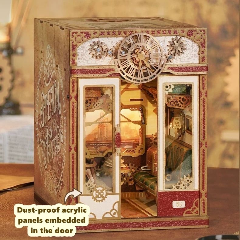 image displaying the dust-proof acrylic panels in Steampunk Fantasy Infinite Train Cabin DIY Book Nook Kit