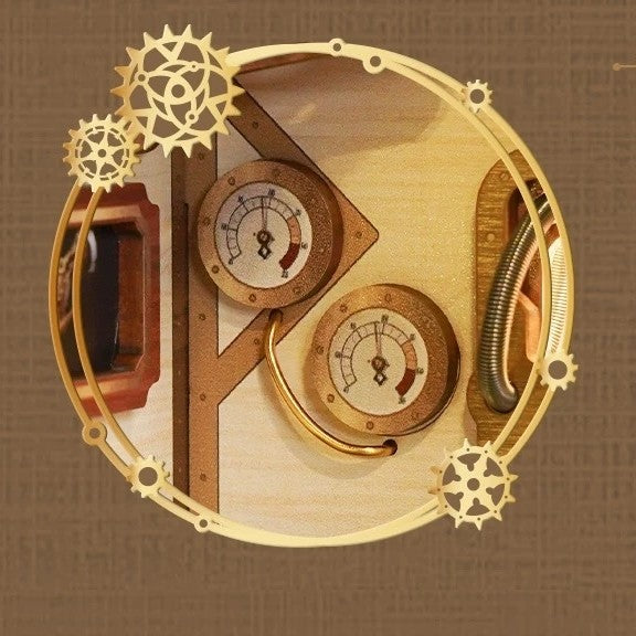 vintage clocks on the wall of Steampunk Fantasy Train Cabin DIY Book Nook Kit