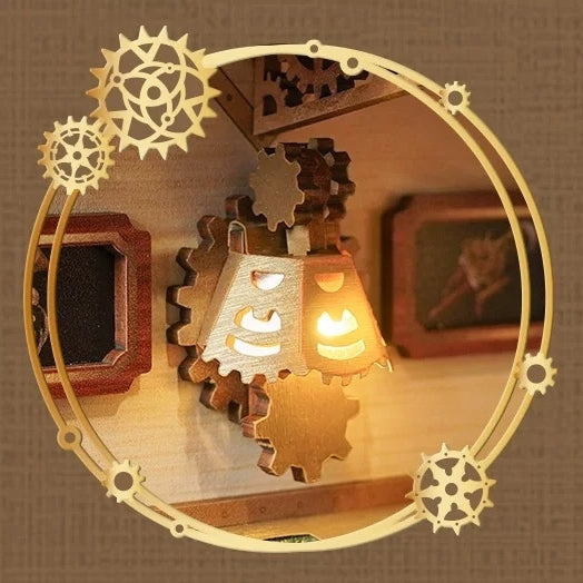 Creative wall lamp assembled from pieces of gears in Steampunk Fantasy Infinite Train Cabin DIY Book Nook Kit