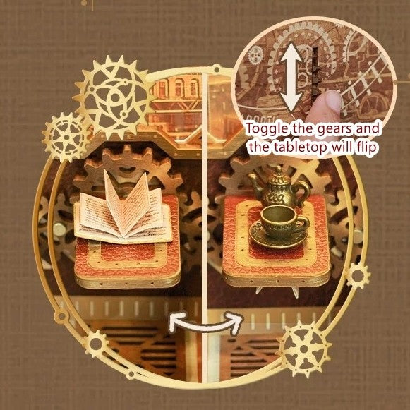 close-up the reversible tabletop of Steampunk Fantasy Infinite Train Cabin DIY Book Nook Kit