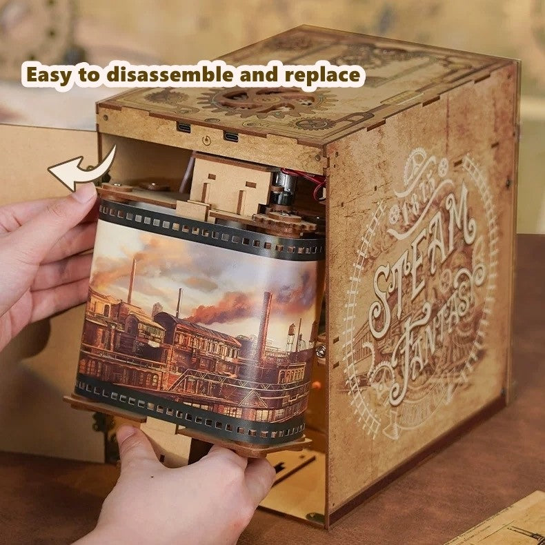 image displaying the motion scene film of Steampunk Fantasy Infinite Train Cabin DIY Book Nook Kit is disassembling, to showcase it is easy to disassemble and replace