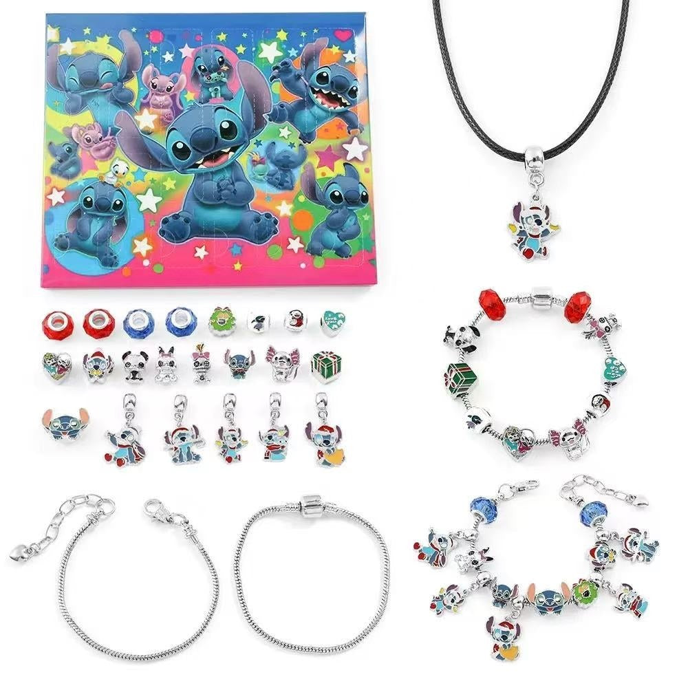 Collection of Disney-themed jewelry with Stitch character on a colorful background