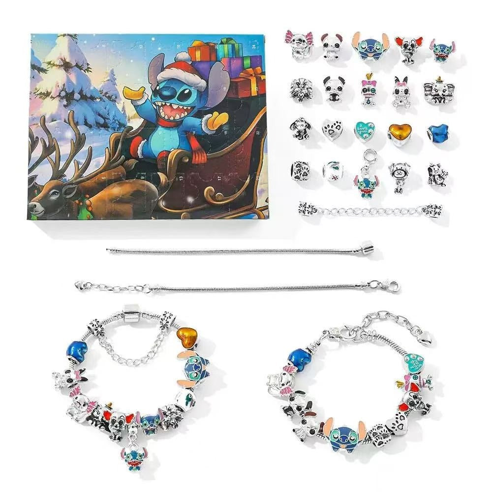 Jewelry set with charms and bracelets on a white background, featuring a cartoon character on a box.
