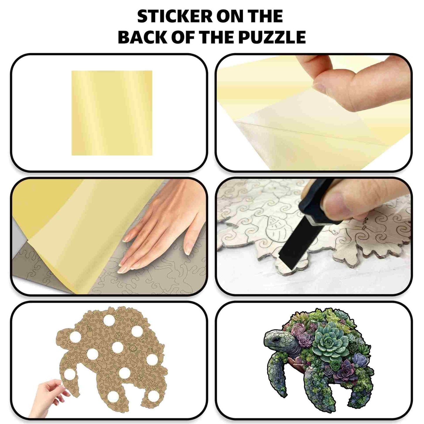 Step-by-step guide on applying a sticker to the back of a puzzle with a turtle design.
