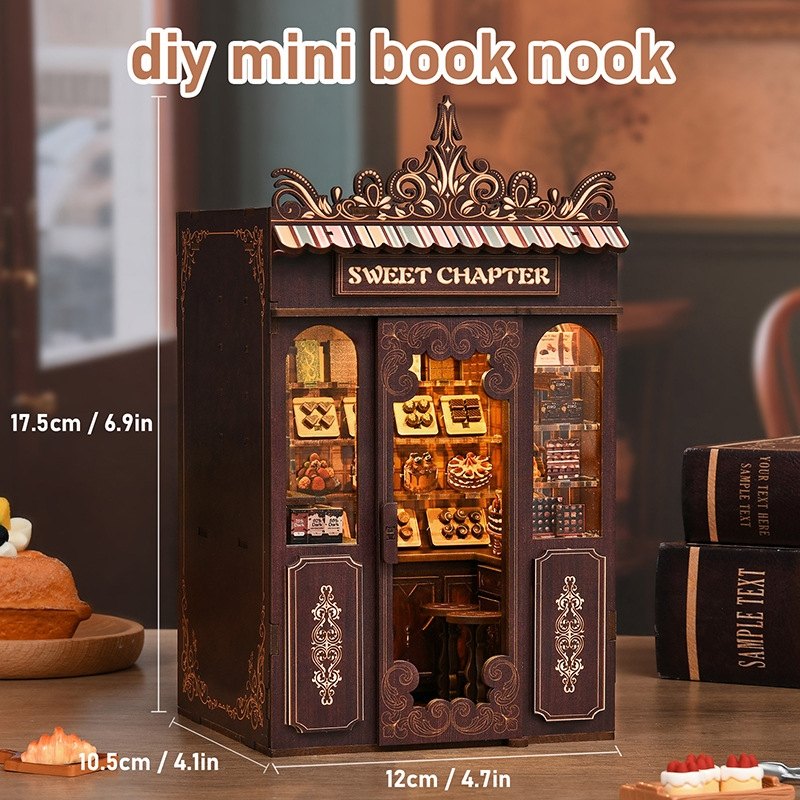 Miniature dessert-shop-themed book nook with detailed elements on table