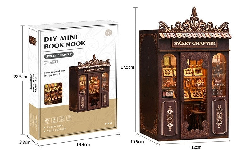DIY mini Sweet Chapter book nook with packaging and dimensions displayed