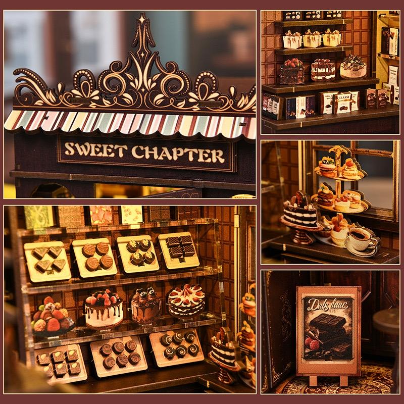 Collage of details of a miniature dessert display and various miniature pastries