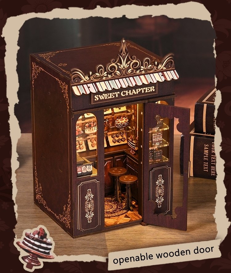 mini wooden book nook with openable door, resembling a miniature dessert store