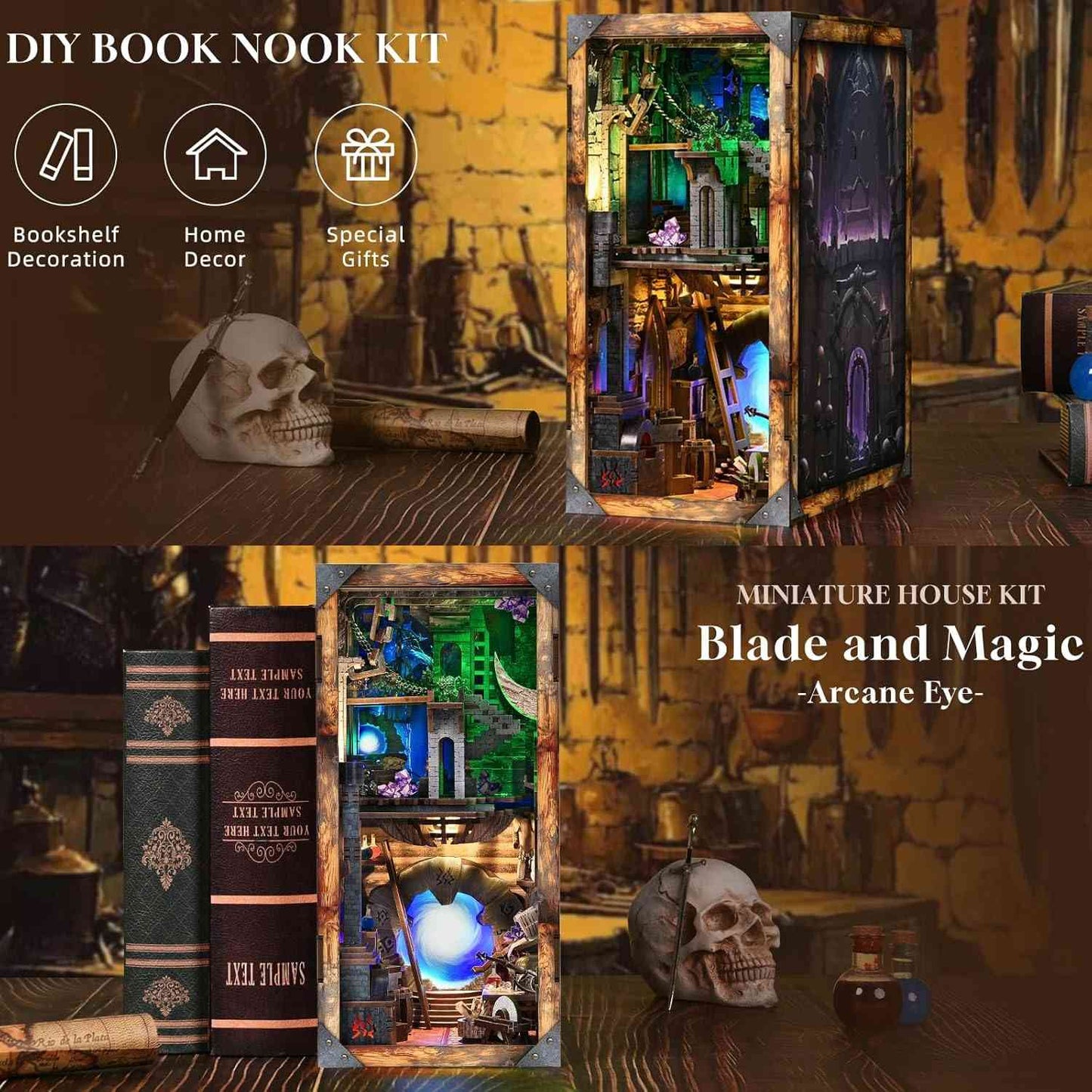 image showcasing Sword and Magic Book Nooks in magic-themed settings