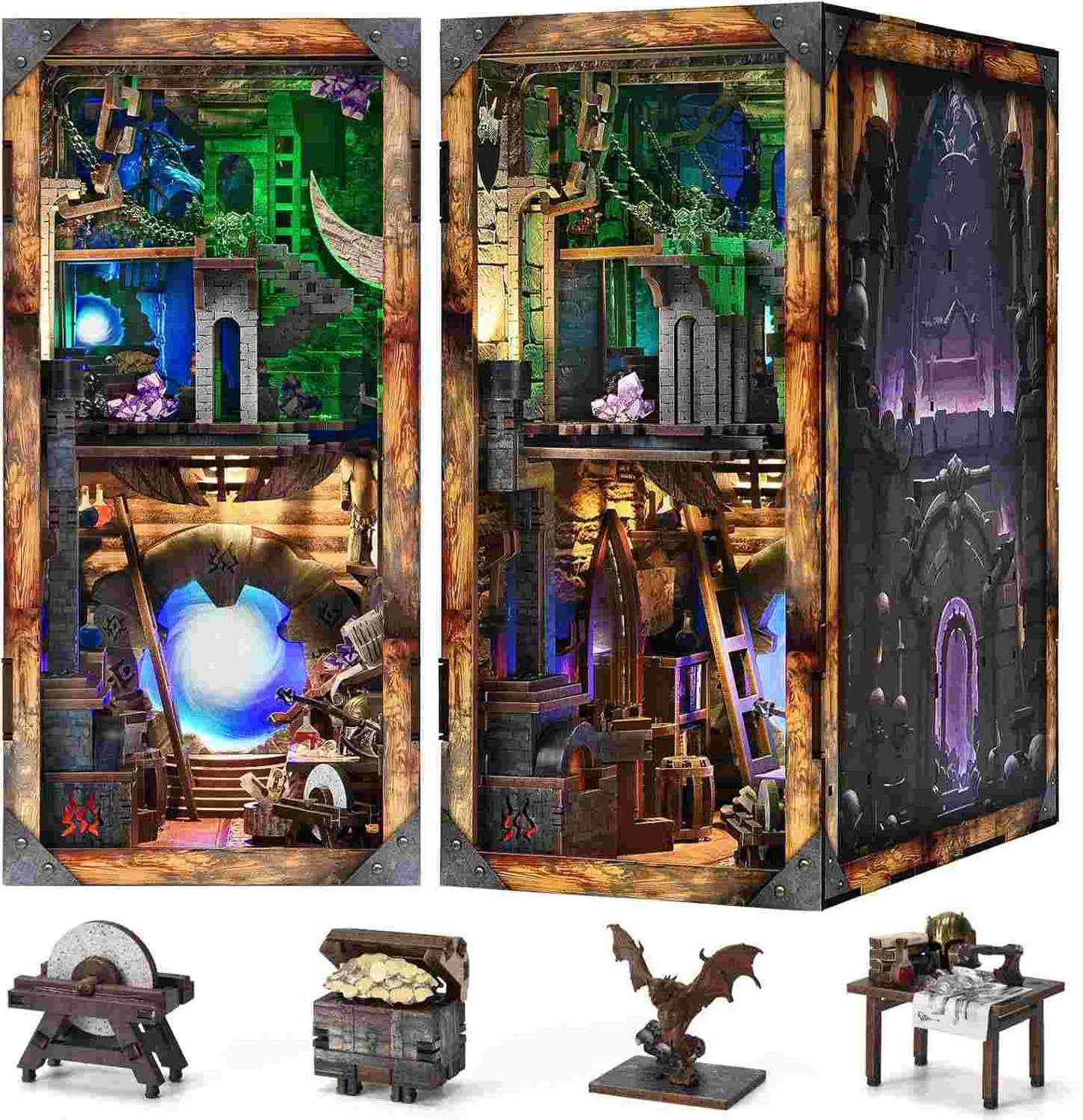 image showcasing different angles, and main miniatures of the Sword and Magic Book Nook in white background