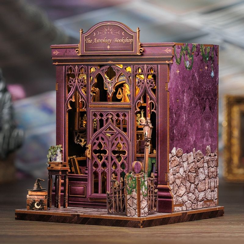 image displaying a 45 degree view of The Astrology Bookshop DIY Book Nook Kit on table